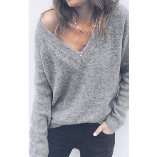 New Solid Women Sweater V Neck Loose Knit Sweater Women Sexy Off Shoulder Autumn Sweater Long Sleeve Pullovers Christmas Sweater