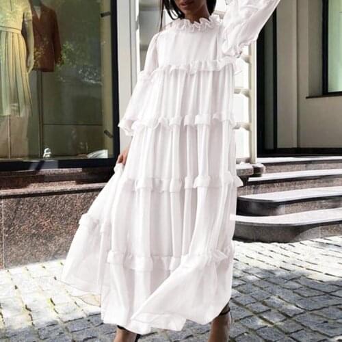 Women Long Maxi Dress Plus Size VONDA Casual Solid Flare Sleeve Loose O Neck Pleated Long Sleeve Dresses Bohemian Vestidos S-5XL