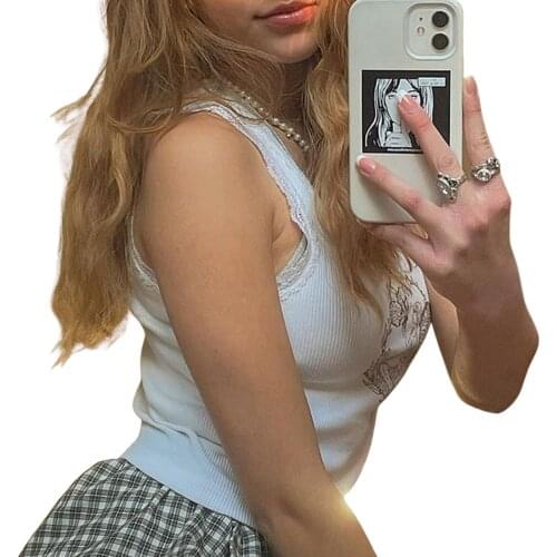 2021 New Womens Vest, Lace Hem Crop Tops Cartoon Pattern Printed Sleeveless Camisole for Female