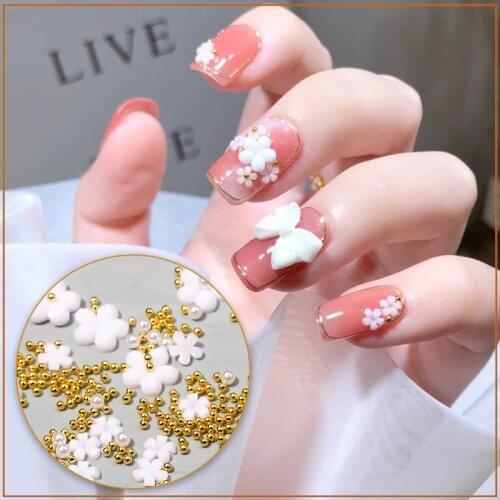 1 Box Round White Small Flower Steel Ball Gold Silver Rose Mixed 3D Mini Nail Art Decoration Rhinestones DIY Nail Art Accessorie
