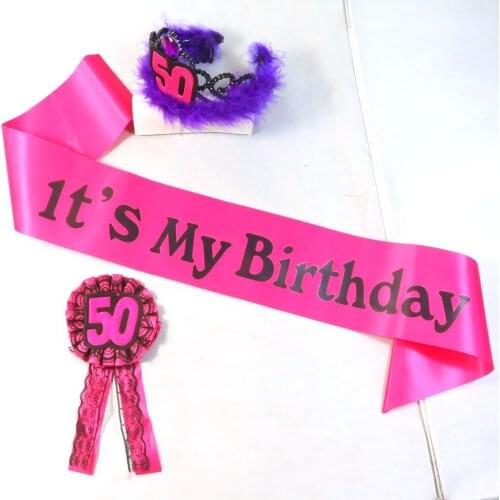 3pcs purple happy birthday party decoration women 50 celebration accessories tiara sash brooch as friend mother gift