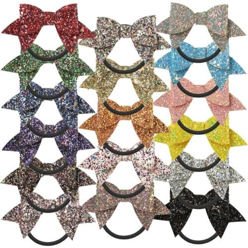 17pcs/lot 2.5" Sequin Hair Bows With Black Elastic Bands Girls Ponytail Holder Swallowtail Giltter Bows With Rubber Band