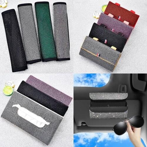 Shiny Diamond Car Interior Rhinestone Tissue Box Hanging Glasses Case Storage Crystal Seat Belt Shoulder Cover Auto Decoration