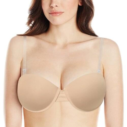 Clear Back Transparent Bra Women Padded Push Up Bra Strapless Convertible Adjusted Large Half Cup Simple Sexy Lingerie Everyday