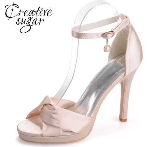 Creativesugar soft satin crossed bands strap wedding sandals ankle strap heels platform summer satin dress shoes covered heel