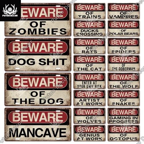 Putuo Decor Beware Licenses Plate Plaque Metal Tin Sign Decorative Car Plate for Man Cave Living Room Door Club Home Wall Decor