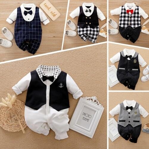 Baby Boy Fake Two-piece Gentleman Tie Plaid Striped Navy Style Romper