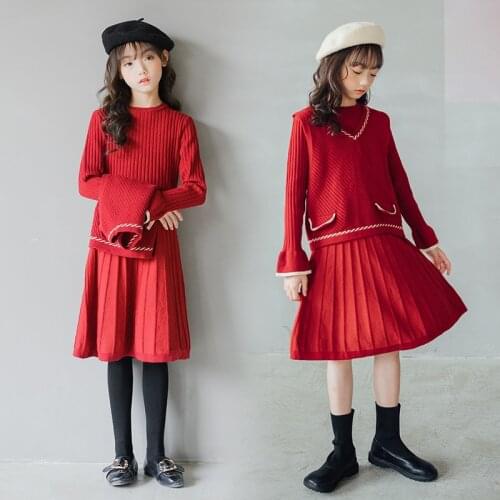 8 10 years Girls Elegant Party Skirts Suits Christmas Red Knitted Vest Pleated Skirts 2 pieces Mother Girl New Year Clothes Set