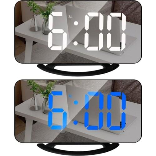 Electric LED Digital Alarm Clock Makeup Mirror with Dimming Mode, Dual USB Ports