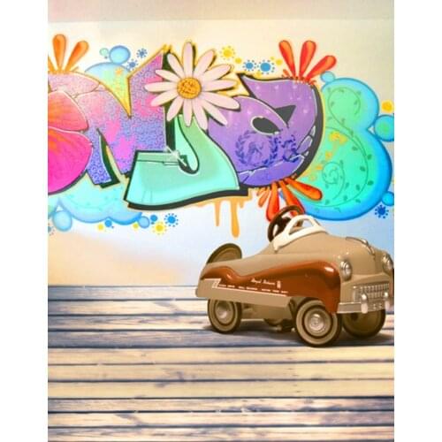Wooden Floor Vintage Car Graffiti Photography Backdrops Photo Props Studio Background 5x7ft