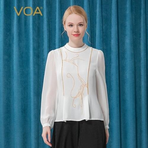 VOA 30m/m Heavy Silk Semi-high Collar BE252 Lantern Sleeve White Bump Bright Yellow Arch Needle Back Zipper Woman Tshirts