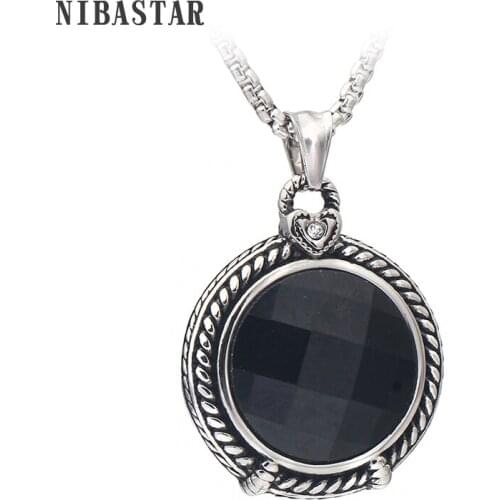 Gothic Retro Stainless Steel Chain Long Necklace With Round Black Glass Necklace Pendant Jewelry For Men
