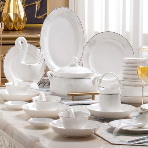 60 Heads ceramic tableware Rice Bowl Dish Salad Noodles Bowl Plate Dinnerware Sets Kitchen Soup Pot Tablewear