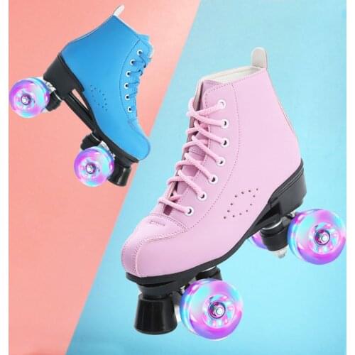 Quad Skates Blue Pink PU Leather Roller Skates Adult Double Line Skates Two Line Skating Shoes Patines PU Flash or not Wheels