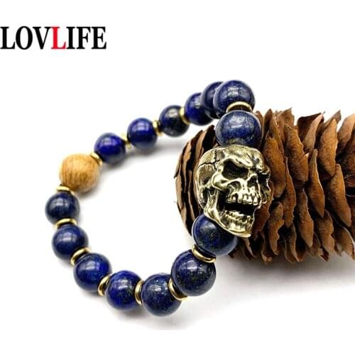 Lapis Lazuli Bracelet Brass Skull Head Hand Chain Bracelet Retro Punk Hiphop Men Natural Stone Single Circle Cppper Bead Jewelry