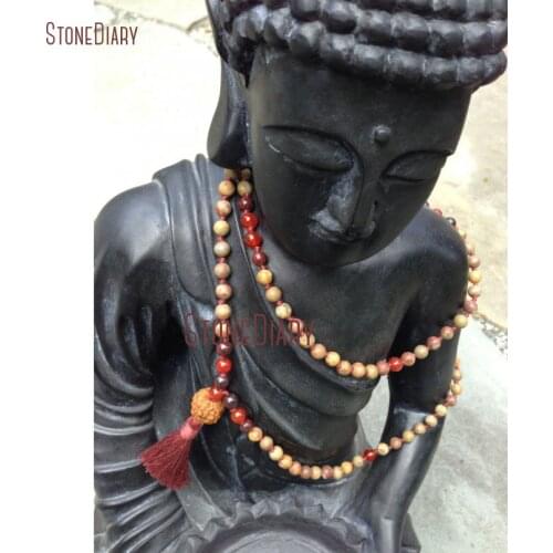 Lovely Rainbow Jaspers Carnelian & Rudraksha 108 Bead Mala Necklace Hand Knotted Brecciated Jaspers Bohemian Necklace NM10987
