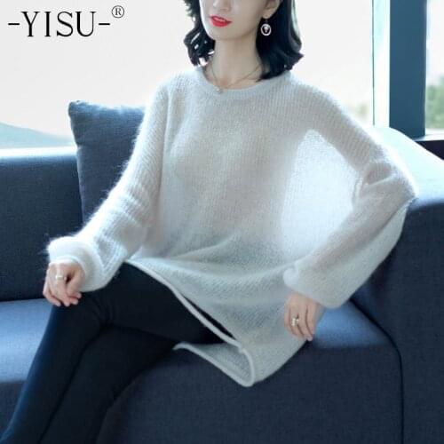 YISU Mohair Sweater New Autumn Winter Women Wool Jumpers Fluffy Sweater Mujer Pullover Cashmere long Sweaters