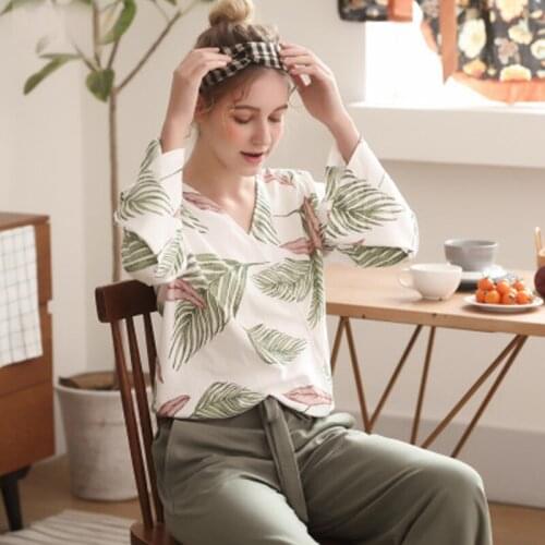 Latest Women Sleepwear Spring Autumn Woman 100% Cotton Pajama Suit Nightwear Pajama home clothing One Set For Ladies