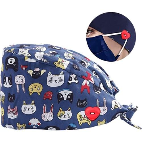 Women Men Doctor Nurse Scrub Cap with Heart Button Mask Holder Cartoon Floral Working Adjustable Tie Back Bouffant Cap