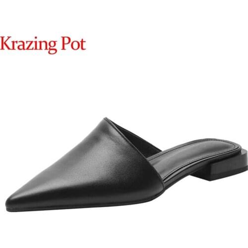 Krazing pot concise style genuine leather european design pointed toe slip on slipper convenient handmade dating shoes women L36