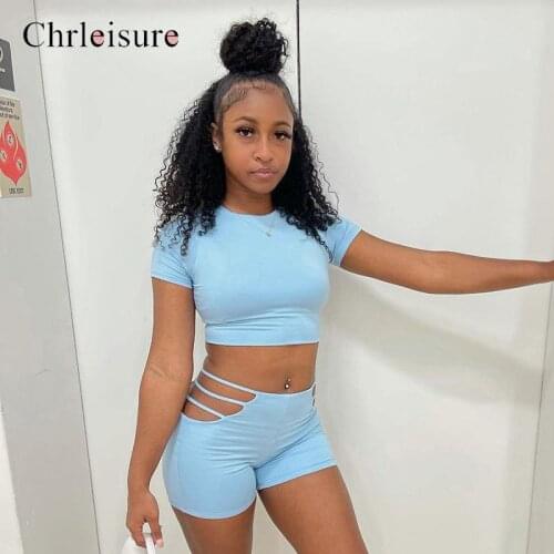 CHRLEISURE Women Two Pieces Pan Set Fashion Short Sleeve Crop Tops +Solid Skinny Slim Casual Female Side Hollow Out Suit