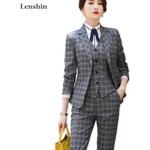 Lenshin High Quality 2 Piece Set Plaid Formal Pant Suit Blazer Office Lady Uniform Designs Women Keep Slim Jacket and Pant