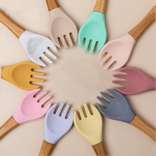 1 Pair Baby Silicone Spoon Fork BPA Free Solid Toddler Infant Training Food Feeder Spoon Fork Tableware with Wooden Handle