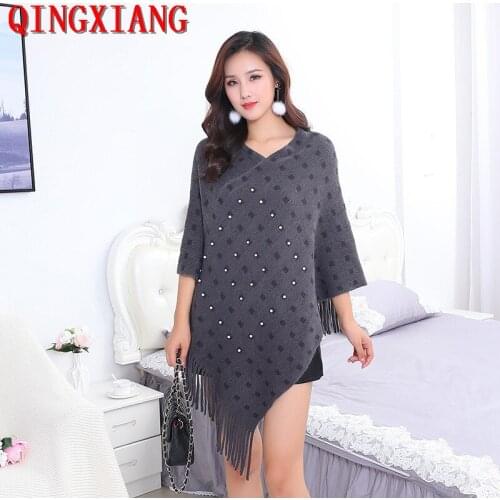 2021 Women Autumn Winter Triangle Outstreet Wear Knitted Black Grey White Beaded Pearls Sweater Plaid Tassel Pullover Knitwear