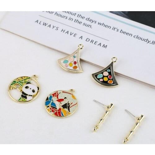 6pcs lovely sweet Alloy Animal earrings bamboo panda round wave dot fan-shaped knight round pendant DIY jewelry earring material