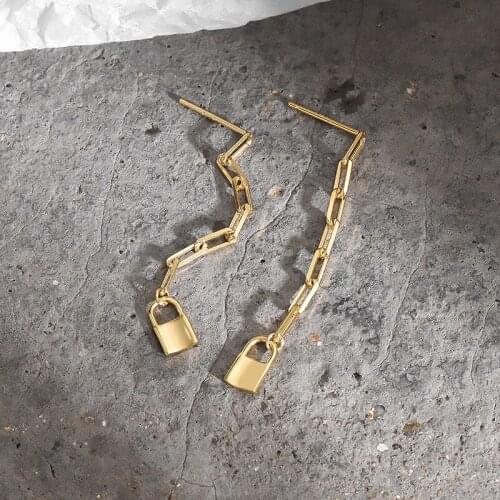 925 Sterling Silver Earring Square Zircon Lock Tassel Chain Long Earring French Style Retro temperament Woman Girl Ear Jewelry