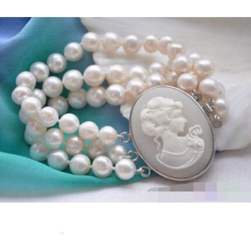 Free Shipping 3row 8" WHITE ROUND FRESHWATER PEARL BRACELET