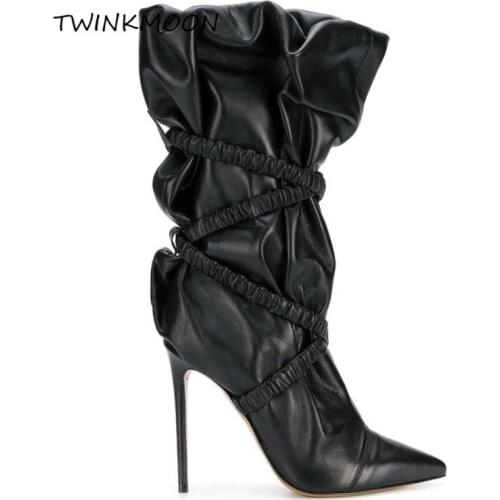 Plus Size 44 Black Womens Mid Calf Boots Strap Cross High Heels Womens Boots Shoes Puff Design Womens Winter Shoes