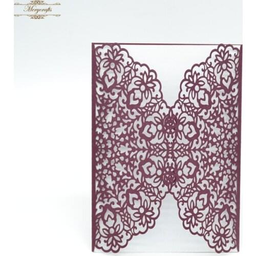 Regional feature paper laser cut gatefold wine red wedding invitations wrap
