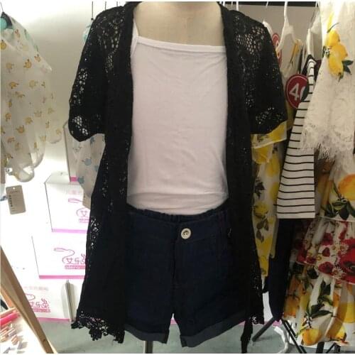 R&Z baby suit 2019 summer new girls openwork cardigan cotton sling T-shirt shorts three-piece