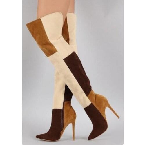 Denim Patchwork Overknee Boots High Heel Pointed Toe Wide Calf Tight High Boots Customized Long Boots