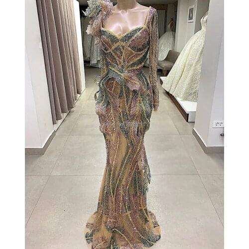 Glamorous Sweetheart Mermaid Evening Dress Long Sleeves Floor-length Metal Spraying Prom Dress Robe De Soiree Aibye Middle East