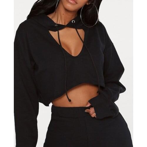 NCLAGEN 2020 Autumn Fashion Hollow Out Hooded Cropped Hoodies Long Sleeve Loose Casual Sweatshirt Women Street Black Pullovers