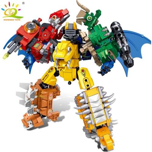 HUIQIBAO Jurassic Dinosaur Building Blocks 670pcs 6in1 Dino Mecha Toys City Series Robot Model Bricks Set for Children Kids Gift