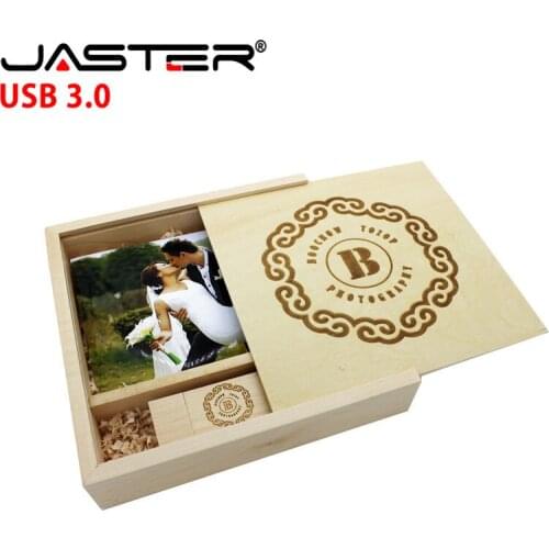 JASTER custom LOGO wooden USB 3.0 photo memory stick + box usb flash drive 4GB 8GB 16GB 32GB 64GB pendrive U disk wedding gift