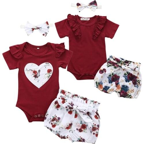 Baby girl solid clothing set Newborn Baby Girls Kid Clothes Jumpsuit Tops + Flowers Shorts + Headband 3PCS 0-24 months