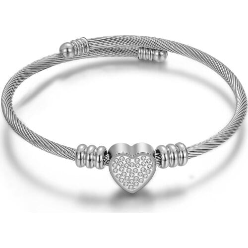 Fashion Jewelry Heart Bangle Stainless Steel Twisted Cable Wire Crystal Charm Bracelet For Women Girl Gift