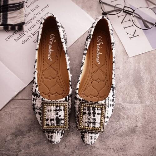 Studs Metal buckle moccasins shoes women sneakers pointed toe lattices loafers soft soled plaid fabric flats woman big size40/42