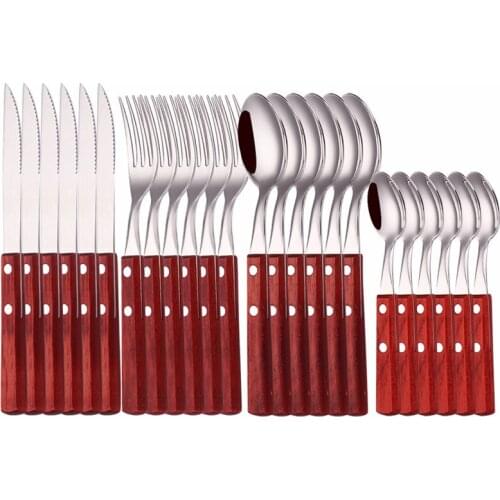 Wooden Handle Tableware Forks Spoons Knives 24Pcs Stainless Steel Dinnerware Set Coffee Western Complete Kitchen Cutlery Set