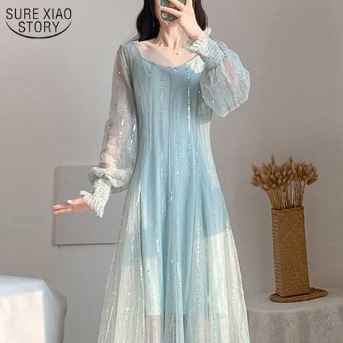 2021 Summer New Elegant Sequined Mesh Long Sleeve Dress High Waist A-type Solid Two-Piece Long Dress Petal Sleeve Dress 10123