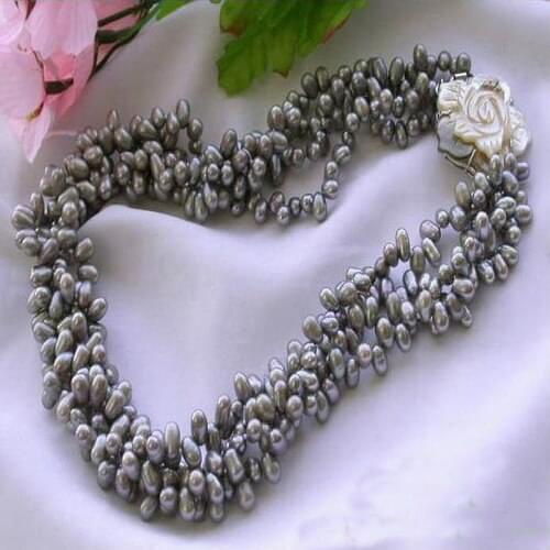 Handmade Real Pearl Jewellery,4Rows 5-7mm Gray Rice Freshwater Pearl Necklace,Shell Flower Clasp,Perfect Women Birthday Gift