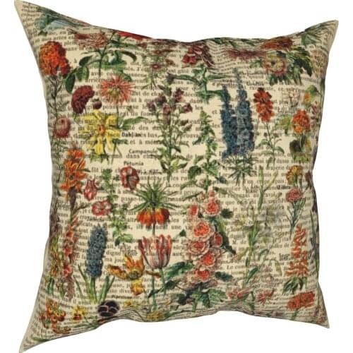Botanical Print On Old Book Page Garden Flowers Pillowcase Printed Cushion Cover Decorations Throw Pillow Case Cover Home