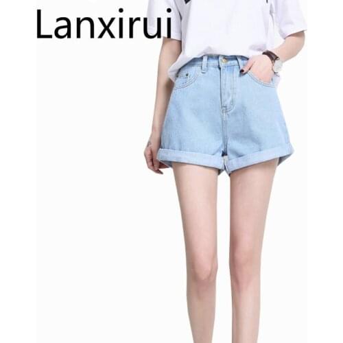 Summer Vintage High Waisted Denim Shorts Women Plus Size Loose Casual Solid Curling Short Femme Basic Jeans Shorts