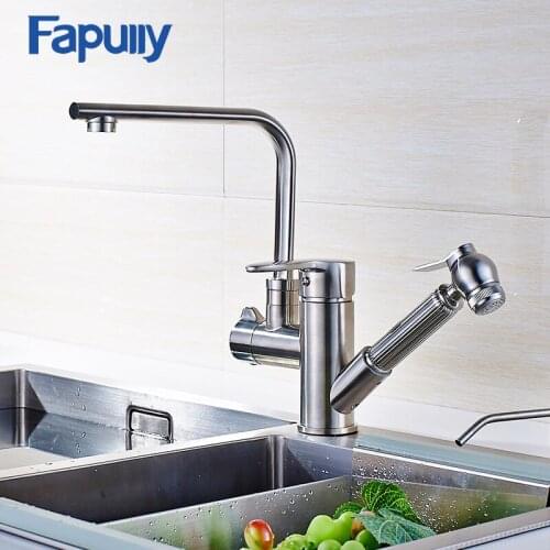 Fapully Kitchen Sink Faucet Brushed Nickel Pull out Faucet All Around Rotate Swivel Multi-directional Kitchen Faucet 519-33N