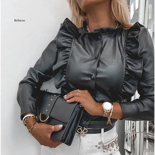 Leather Pu Women T-Shirt Tops Long Sleeve Solid Color Black Ladies Tee Shirt Tshirt Button Fashion Office Female T-Shirt