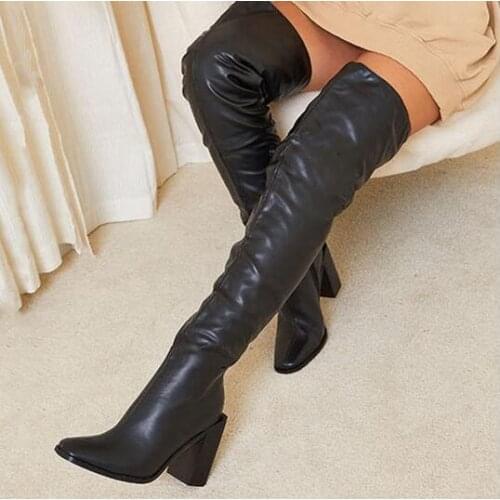 Spring Autumn Woman Fashion Black Beige Elastic Over The Knee Boots Square Toe 11 cm Chunky Heels Thigh Knight Long Boots